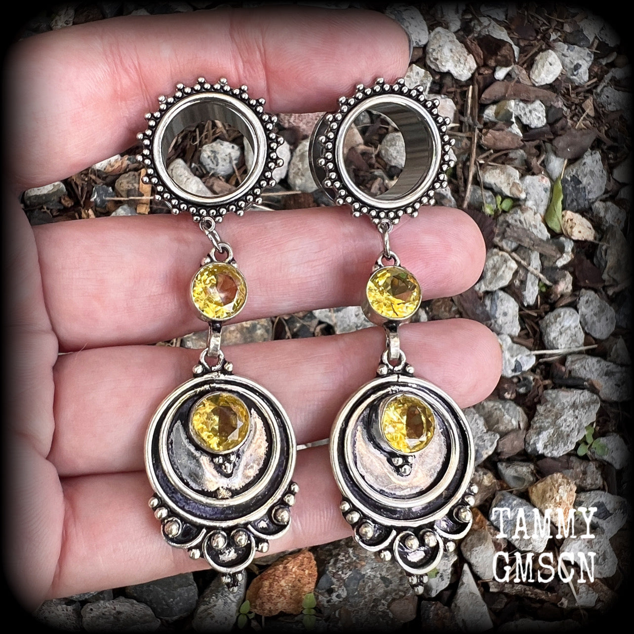 Citrine gemstone tunnel earrings-Ornate boho ear gauges