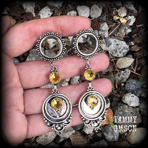 Citrine gemstone tunnel earrings-Ornate boho ear gauges