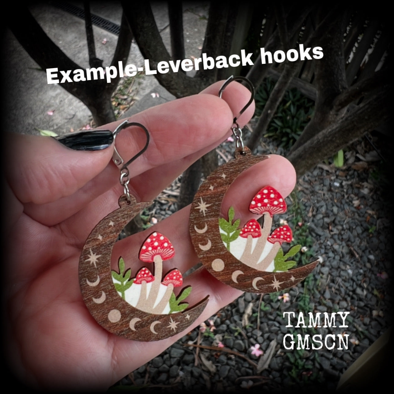 Mushroom and moon phase wood earrings-Fairycore earrings