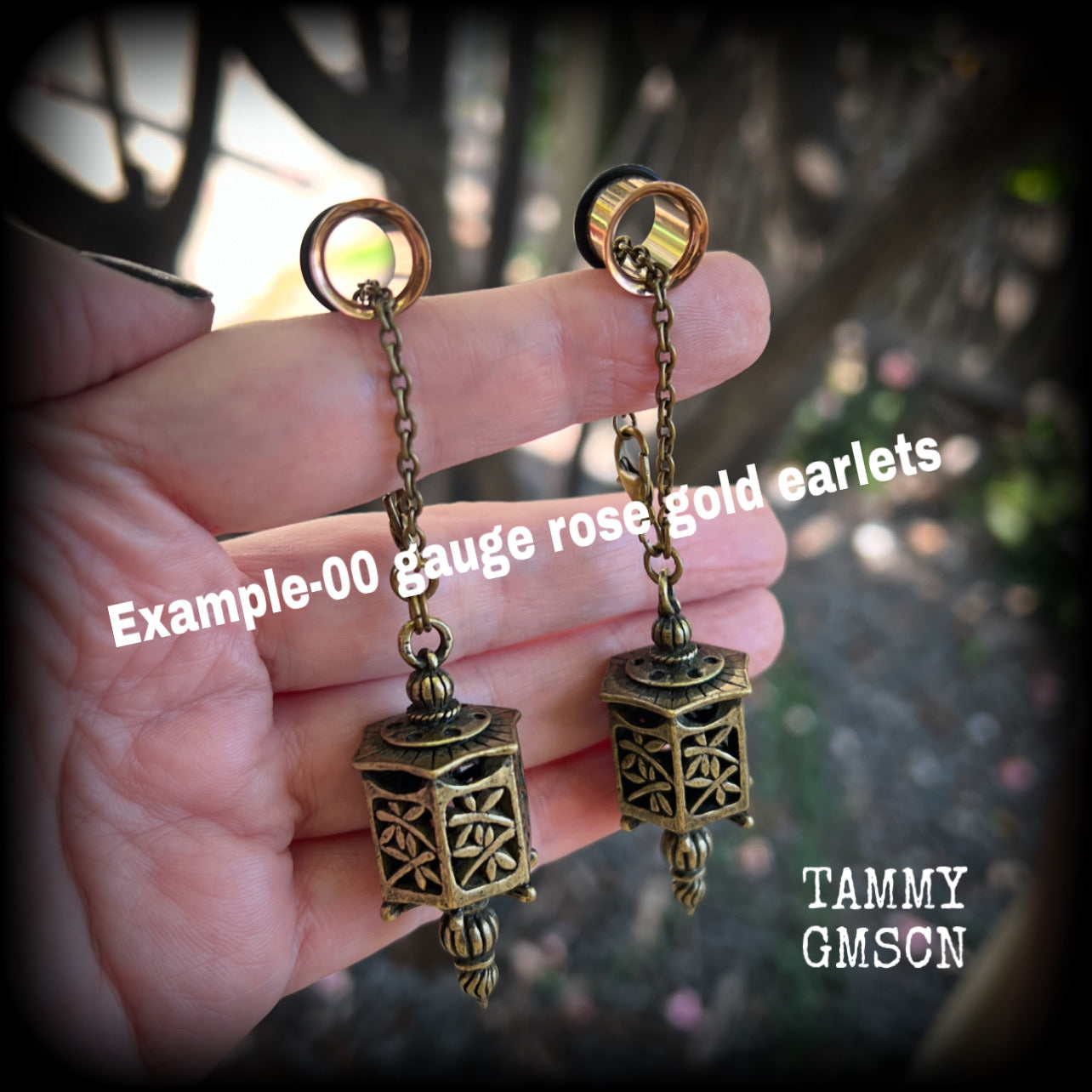 Antique bronze Japanese lantern ear hangers-TUNNELS INCLUDED