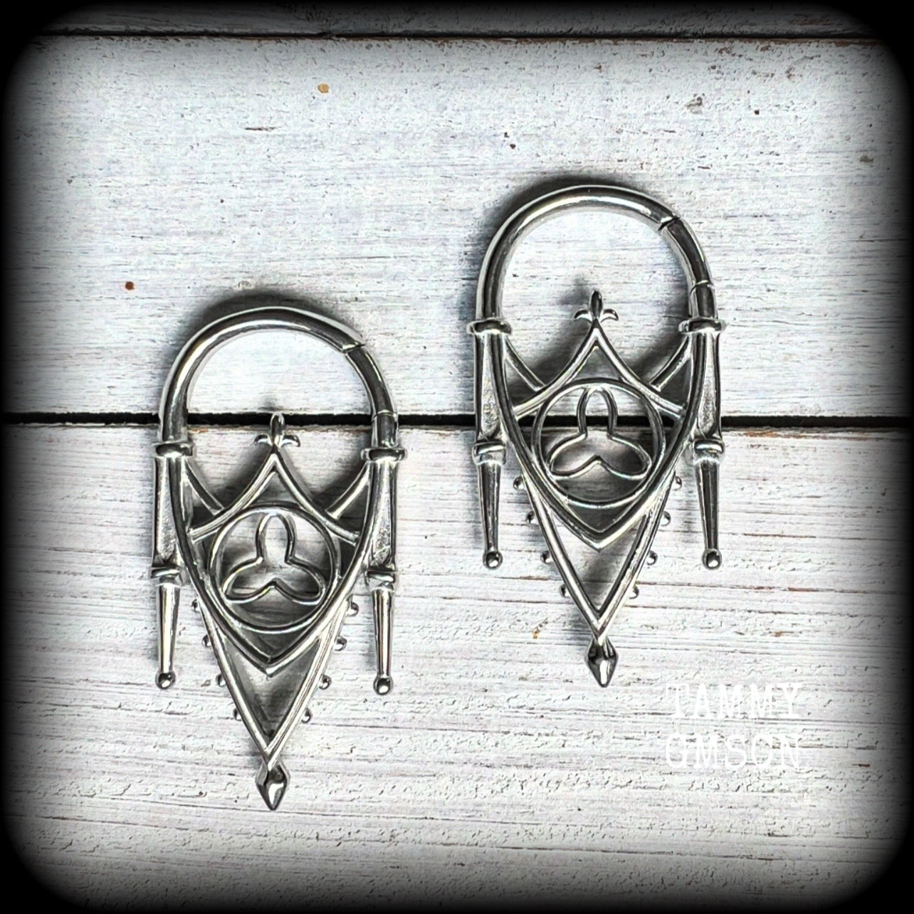 Gothic architecture ear weights-Cathedral gauged earrings-Clickers
