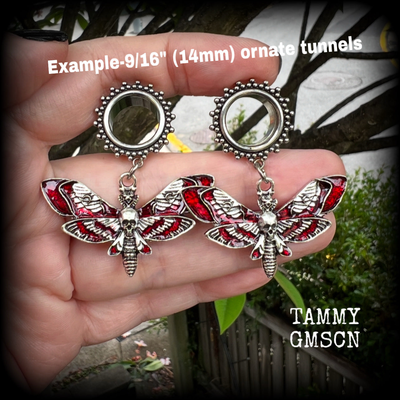 Red deathshead moth tunnel earrings-Skull moth ear gauges