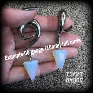 Opalite gauged earrings Gemstone ear weights Ear hangers 0 gauge ear weights Opalite ear weights Body jewelry 6mm 8mm 10mm 12mm 14mm 16mm 19mm 22mm 25mm 28mm 30mm Gemstone body jewelry Gypsy boho Boho chic Moonstone ear hangers
