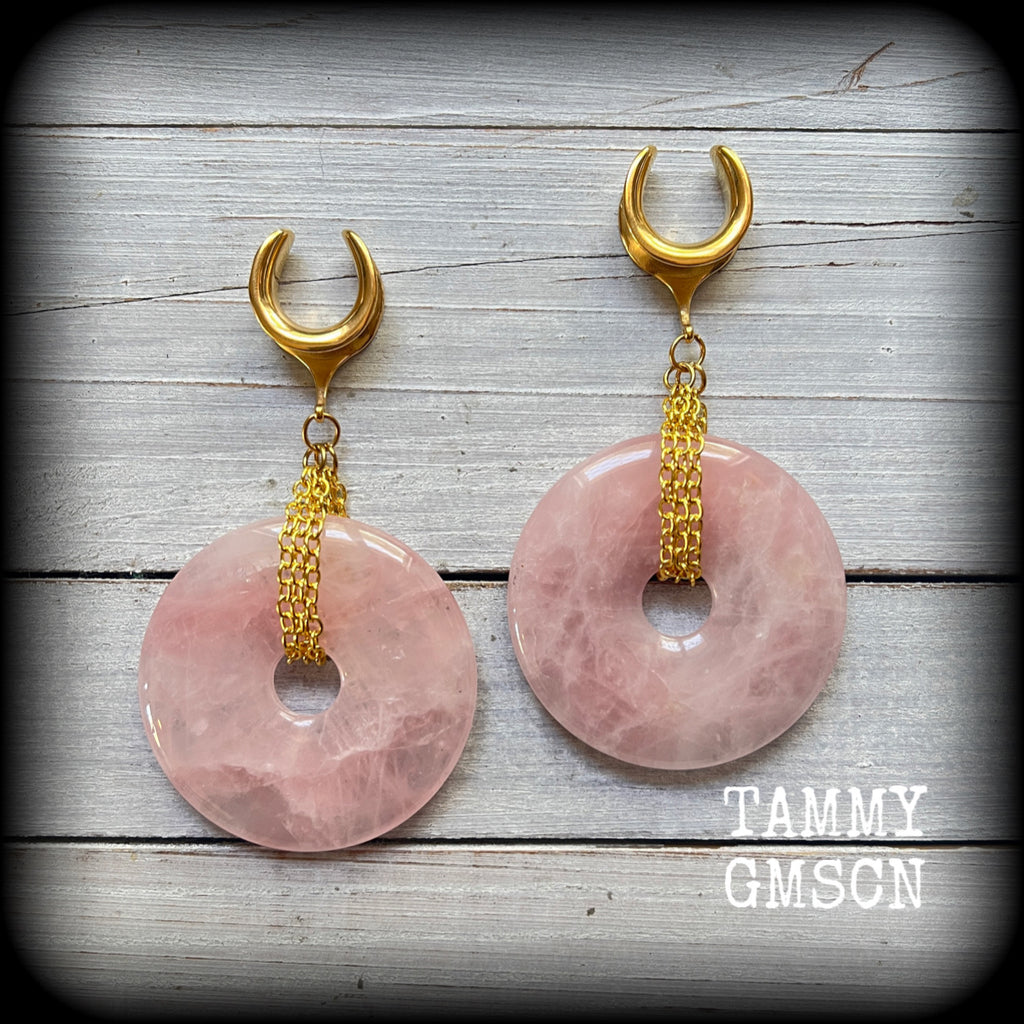 Rose quartz gauged earrings-Gemstone ear weights