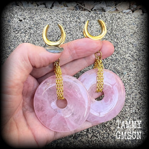 Rose quartz gauged earrings-Gemstone ear weights