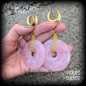 Rose quartz gauged earrings-Gemstone ear weights