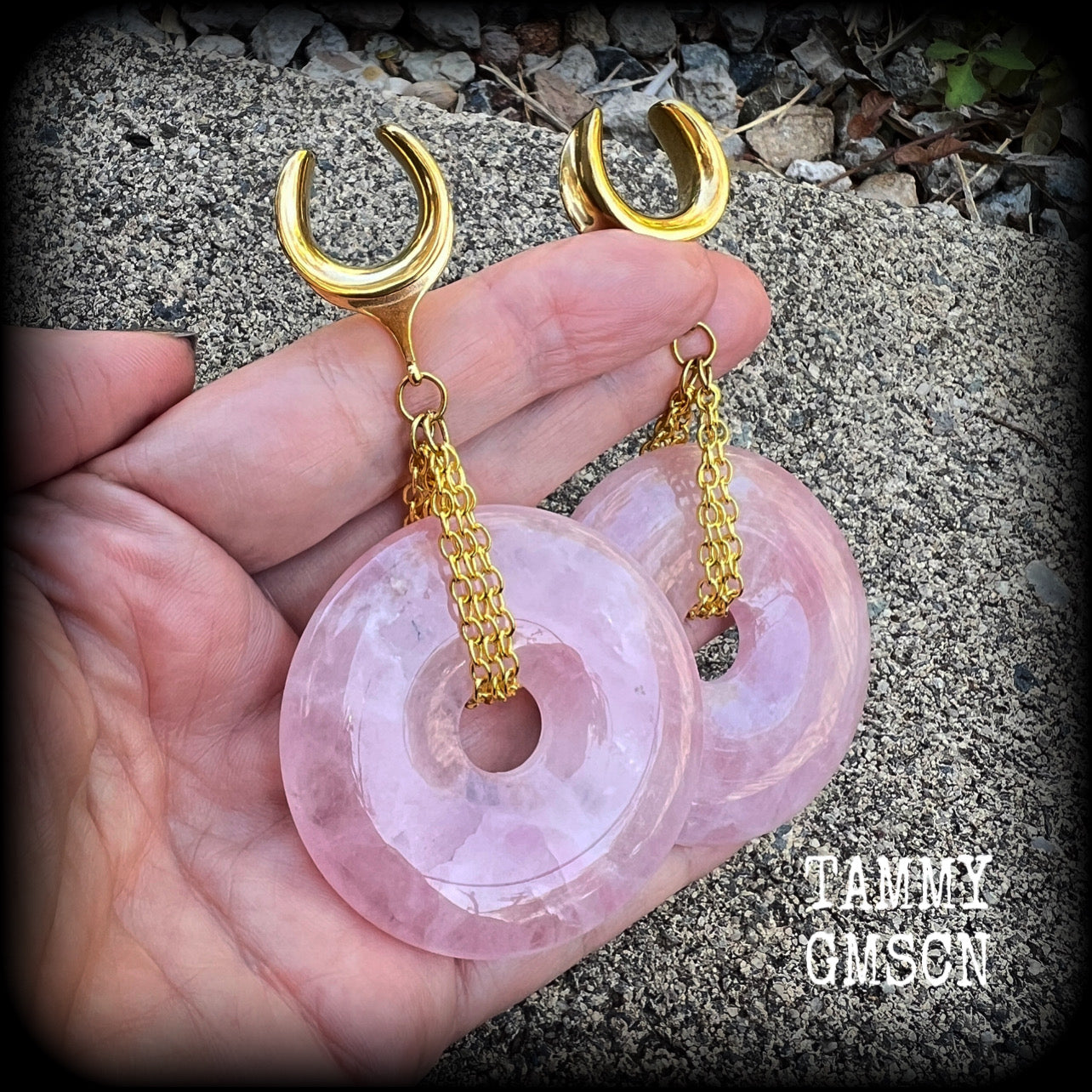 Rose quartz gauged earrings-Gemstone ear weights