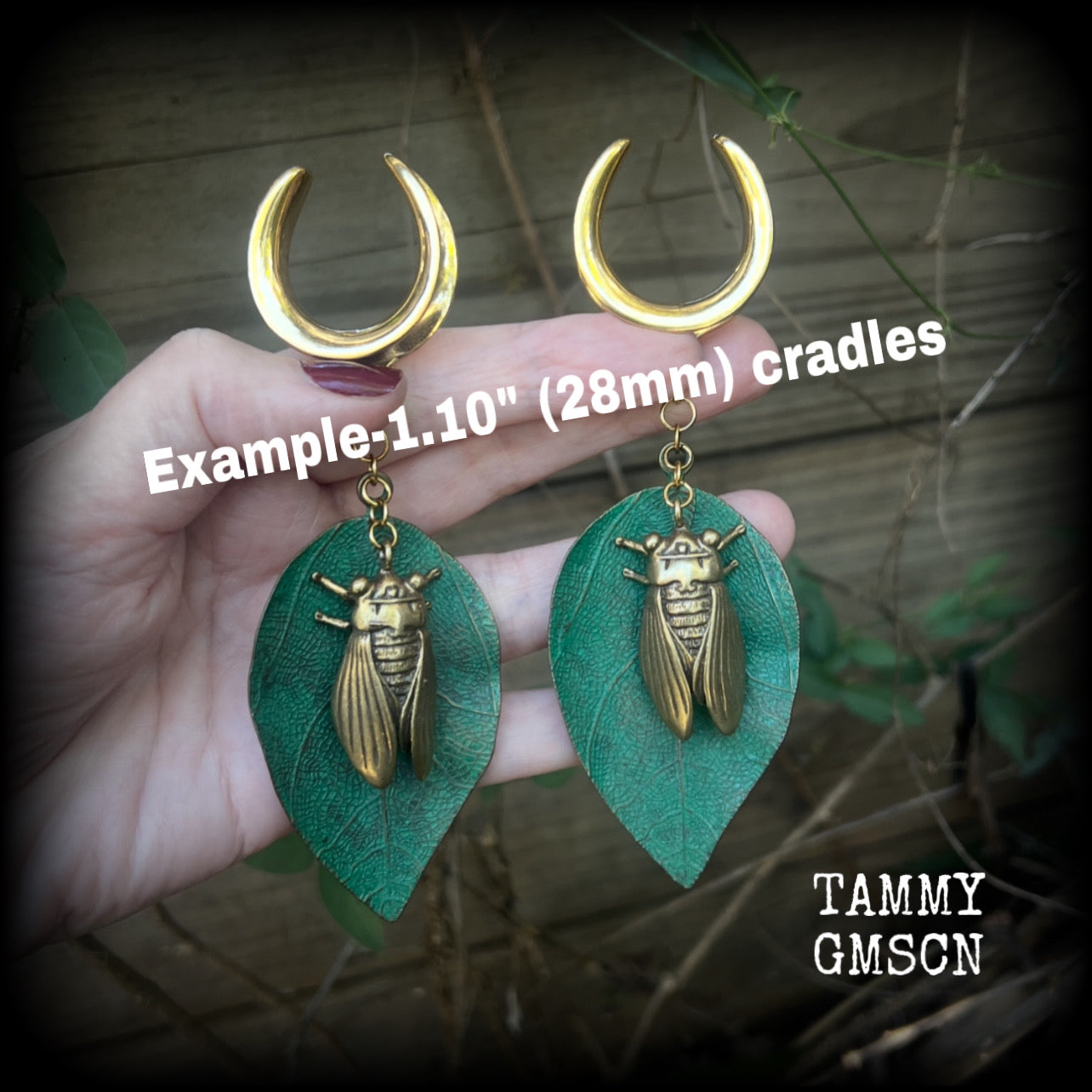 Cicada and leaf gauged earrings-Insect ear hangers