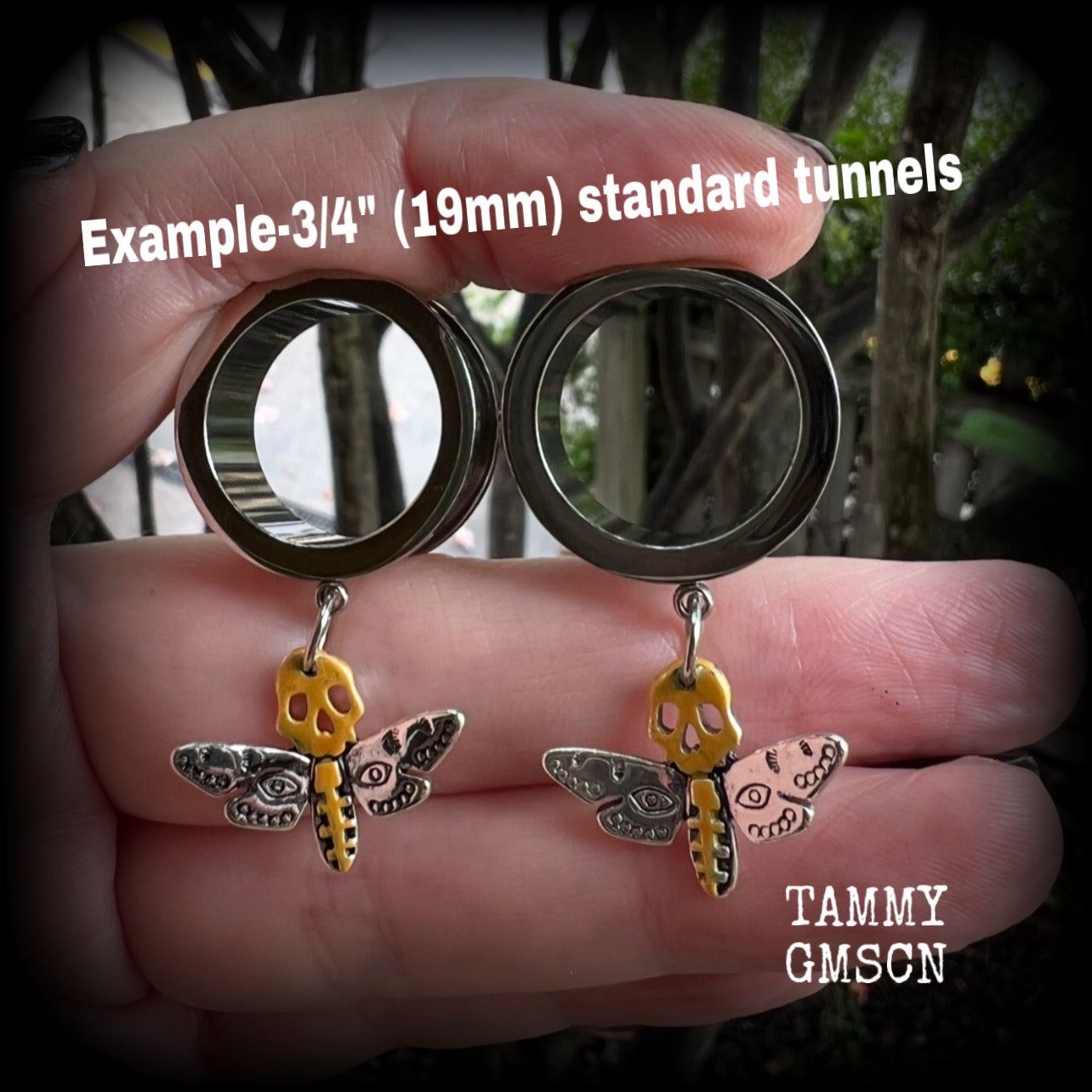 Deathshead moth tunnel earrings-Silver and gold moth tunnel dangles