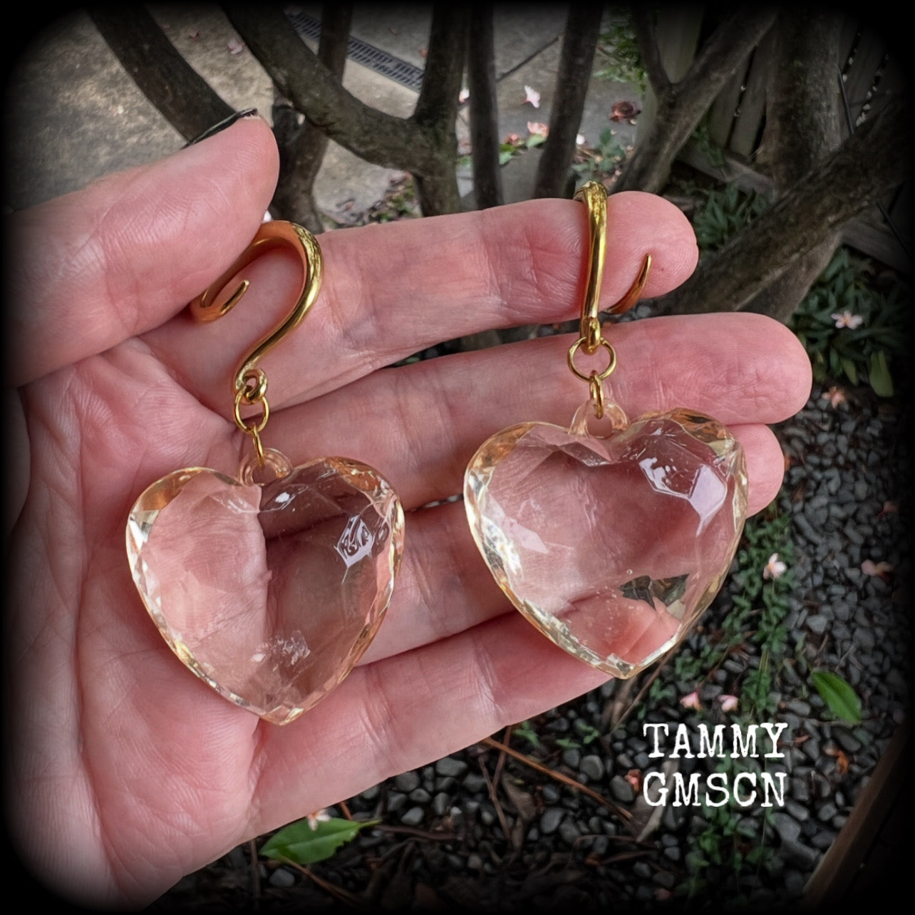 These beautiful gauged earrings feature faceted faux glass love hearts, measuring just under 7cms from tip to tip, and weighing approx 13 grams a piece.

This pair have been made on 6 gauge (4mm) surgical steel full curl hooks, suitable for stretched lobes.