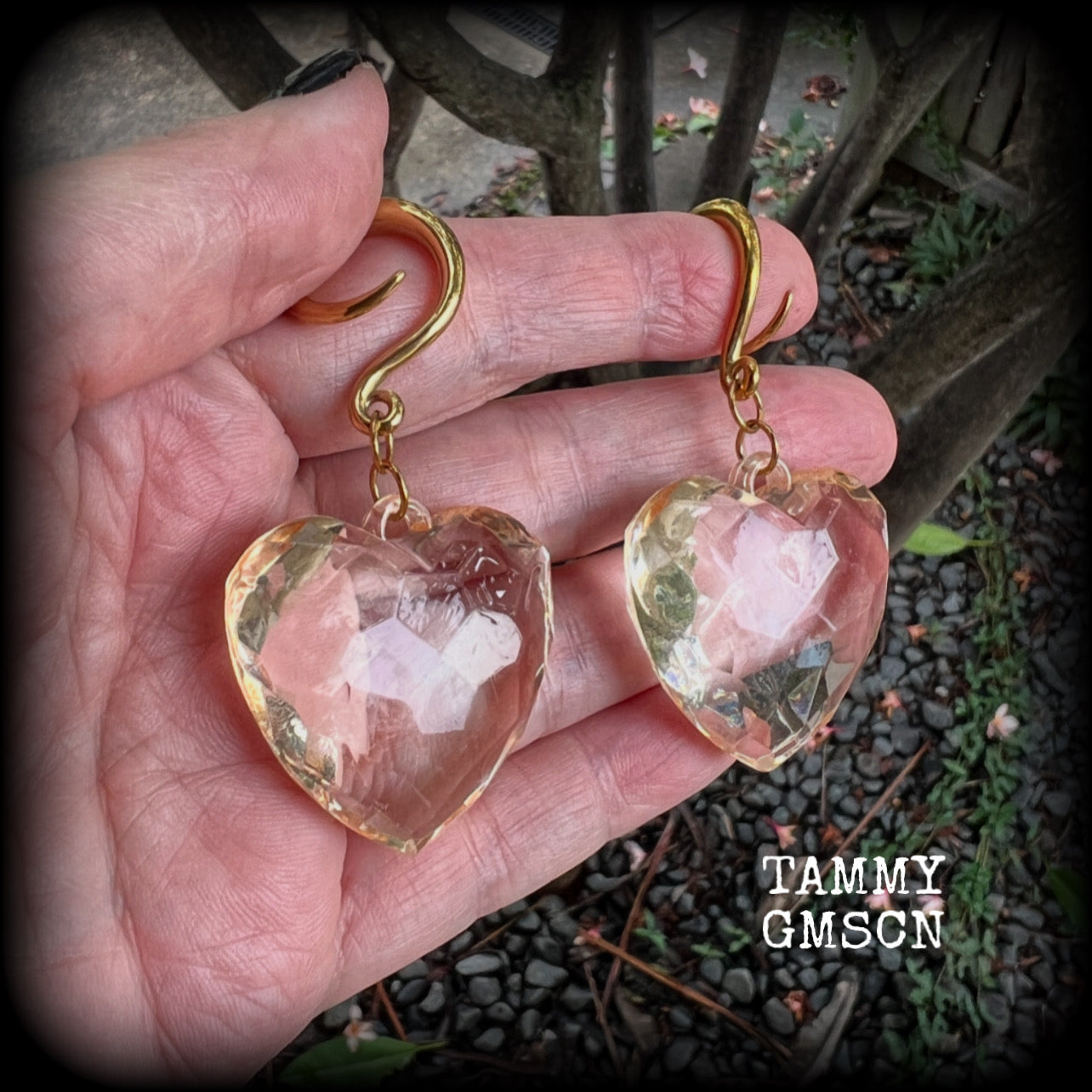 These beautiful gauged earrings feature faceted faux glass love hearts, measuring just under 7cms from tip to tip, and weighing approx 13 grams a piece.

This pair have been made on 6 gauge (4mm) surgical steel full curl hooks, suitable for stretched lobes.