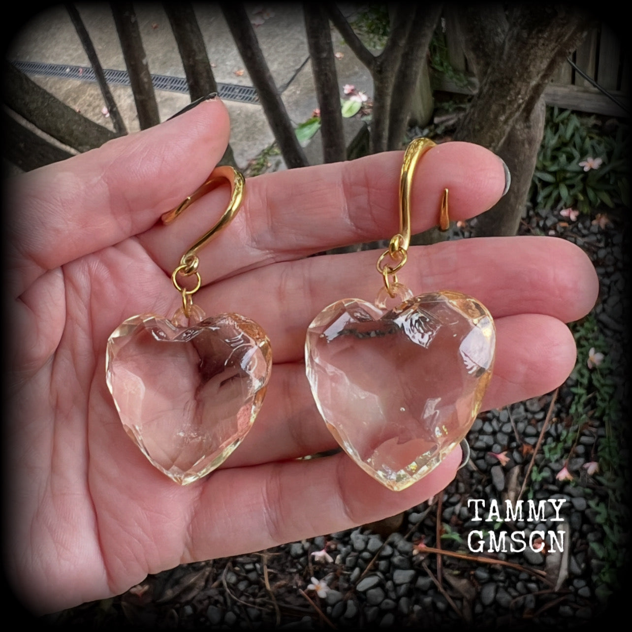 These beautiful gauged earrings feature faceted faux glass love hearts, measuring just under 7cms from tip to tip, and weighing approx 13 grams a piece.

This pair have been made on 6 gauge (4mm) surgical steel full curl hooks, suitable for stretched lobes.