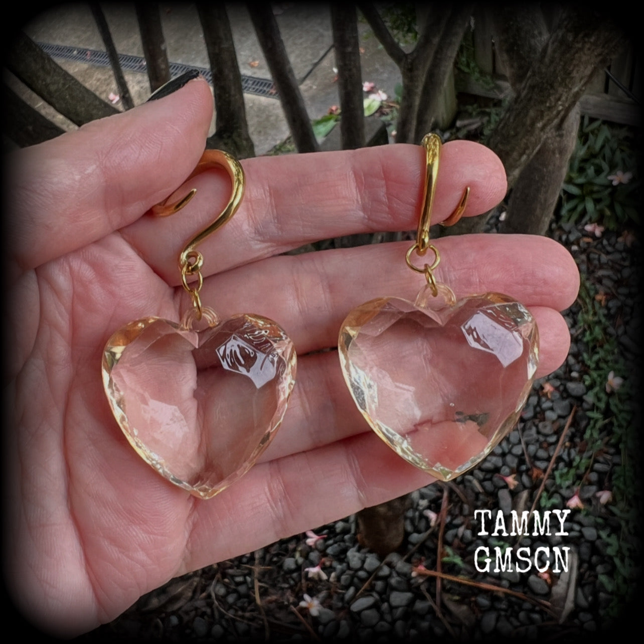 These beautiful gauged earrings feature faceted faux glass love hearts, measuring just under 7cms from tip to tip, and weighing approx 13 grams a piece.

This pair have been made on 6 gauge (4mm) surgical steel full curl hooks, suitable for stretched lobes.