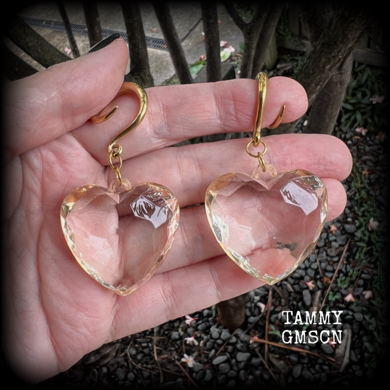 These beautiful gauged earrings feature faceted faux glass love hearts, measuring just under 7cms from tip to tip, and weighing approx 13 grams a piece.

This pair have been made on 6 gauge (4mm) surgical steel full curl hooks, suitable for stretched lobes.