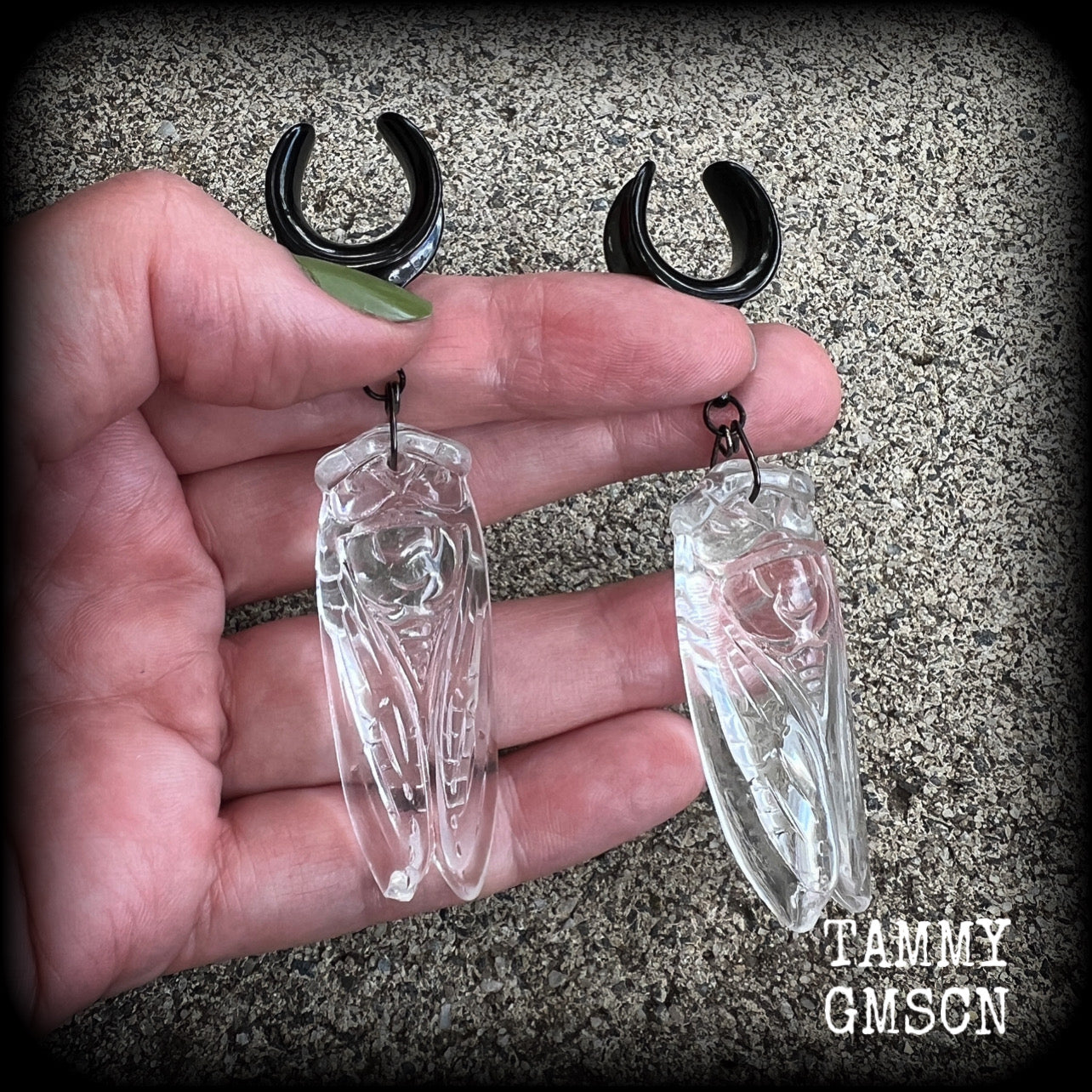 Clear quartz cicada gauged earrings