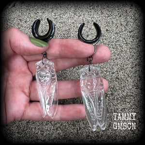 Clear quartz cicada gauged earrings