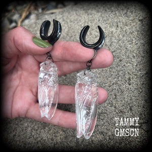 Clear quartz cicada gauged earrings