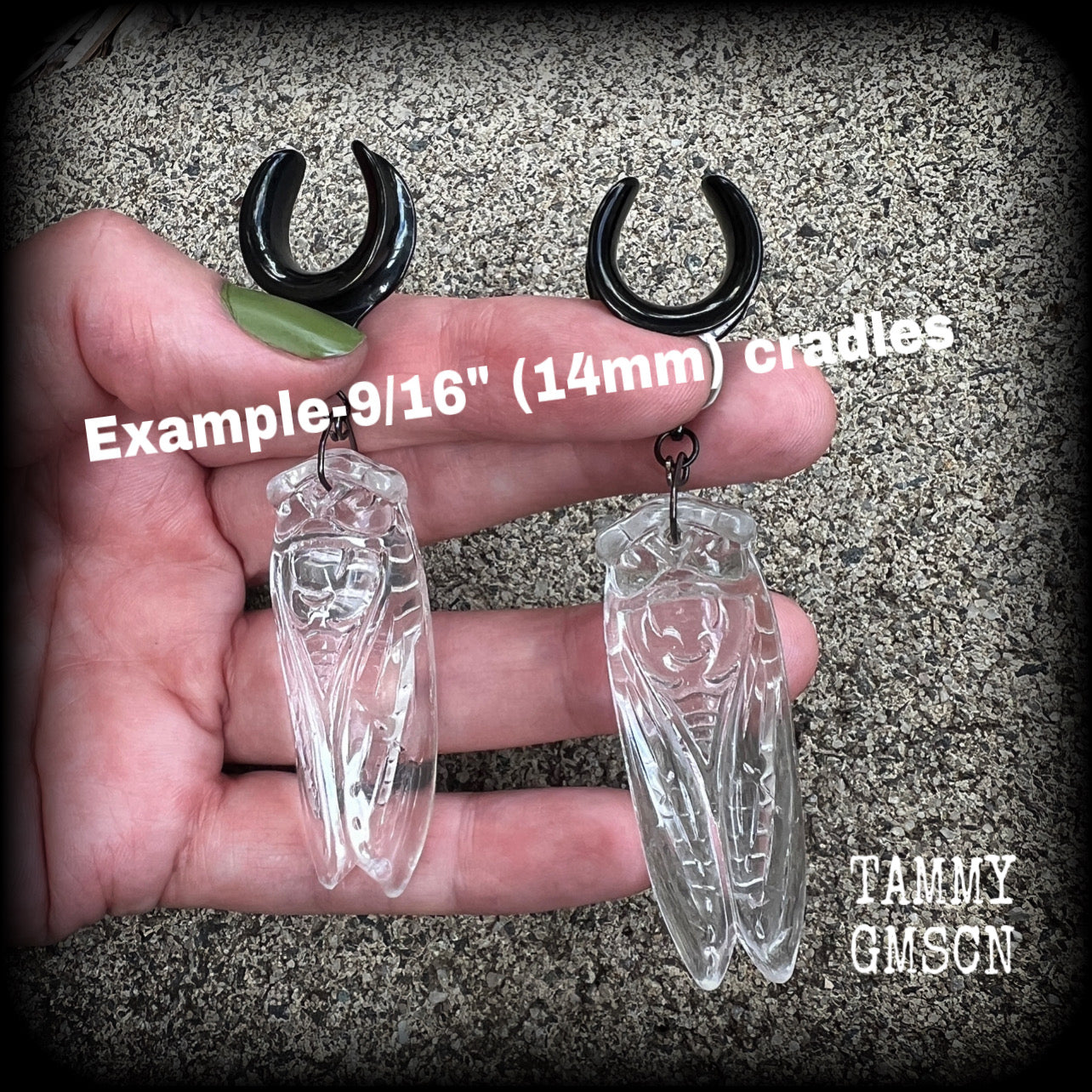 Clear quartz cicada gauged earrings