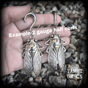 Silver cicada gauged earrings-Insect ear hangers