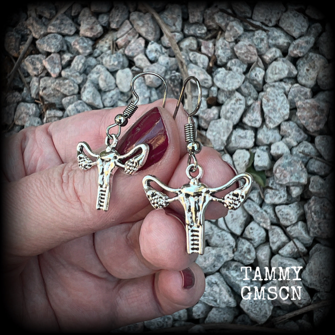 These adorable earrings feature cute little antique silver female reproductive organs! Nice and lightweight, weighing only a few grams each, these earrings measure approx 3cms from tip to tip.

This pair have been made on stainless steel french hooks, for pierced ears.