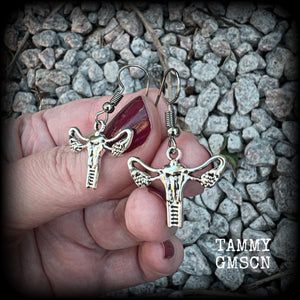 These adorable earrings feature cute little antique silver female reproductive organs! Nice and lightweight, weighing only a few grams each, these earrings measure approx 3cms from tip to tip.

This pair have been made on stainless steel french hooks, for pierced ears.
