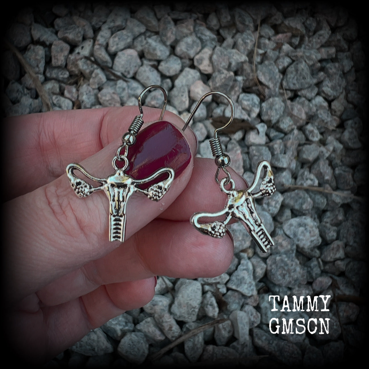 These adorable earrings feature cute little antique silver female reproductive organs! Nice and lightweight, weighing only a few grams each, these earrings measure approx 3cms from tip to tip.

This pair have been made on stainless steel french hooks, for pierced ears.