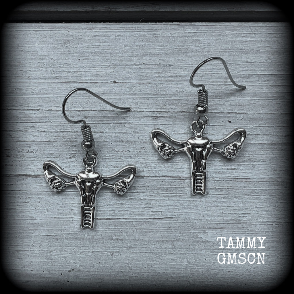 These adorable earrings feature cute little antique silver female reproductive organs! Nice and lightweight, weighing only a few grams each, these earrings measure approx 3cms from tip to tip.

This pair have been made on stainless steel french hooks, for pierced ears.