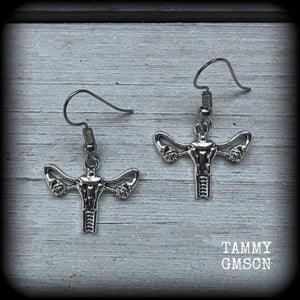 These adorable earrings feature cute little antique silver female reproductive organs! Nice and lightweight, weighing only a few grams each, these earrings measure approx 3cms from tip to tip.

This pair have been made on stainless steel french hooks, for pierced ears.