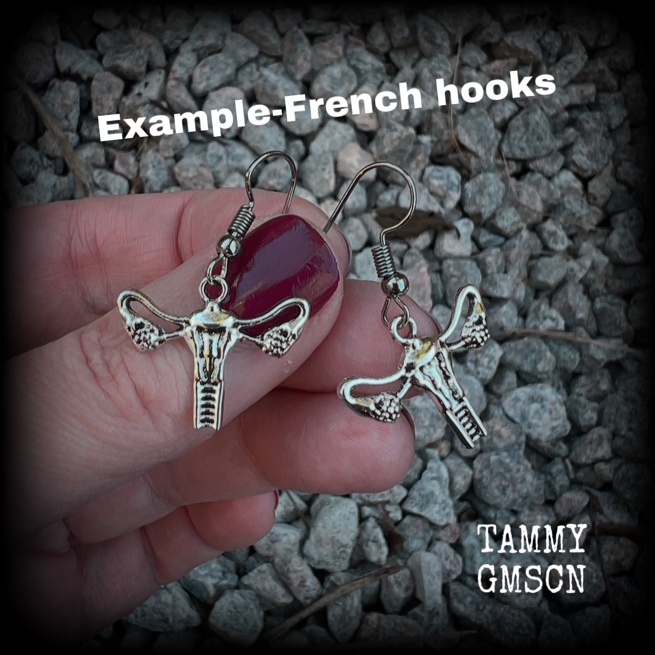 These adorable earrings feature cute little antique silver female reproductive organs! Nice and lightweight, weighing only a few grams each, these earrings measure approx 3cms from tip to tip.

This pair have been made on stainless steel french hooks, for pierced ears.
