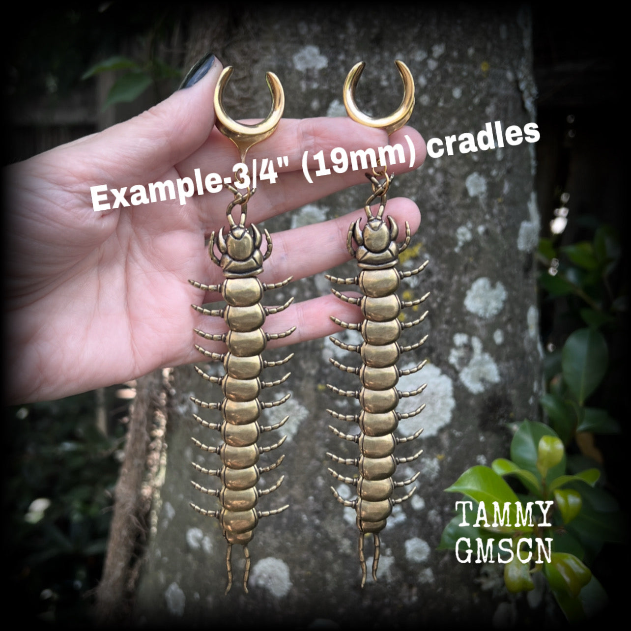 Brass centipede gauged earrings-Insect ear weights