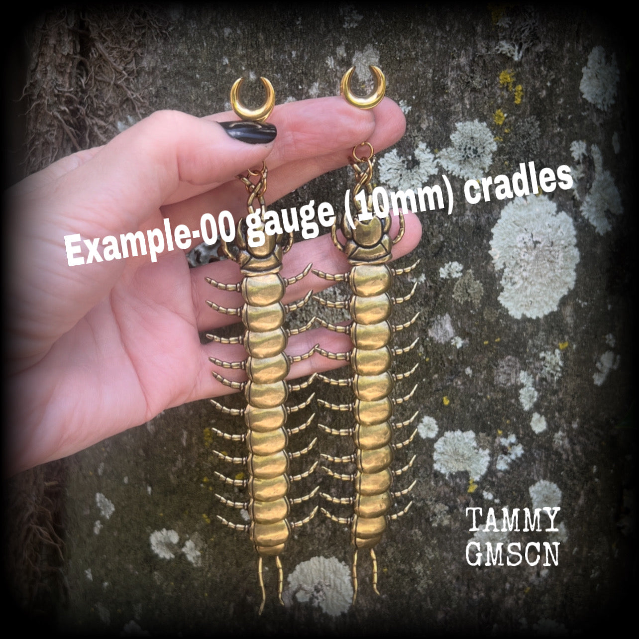 Brass centipede gauged earrings-Insect ear weights