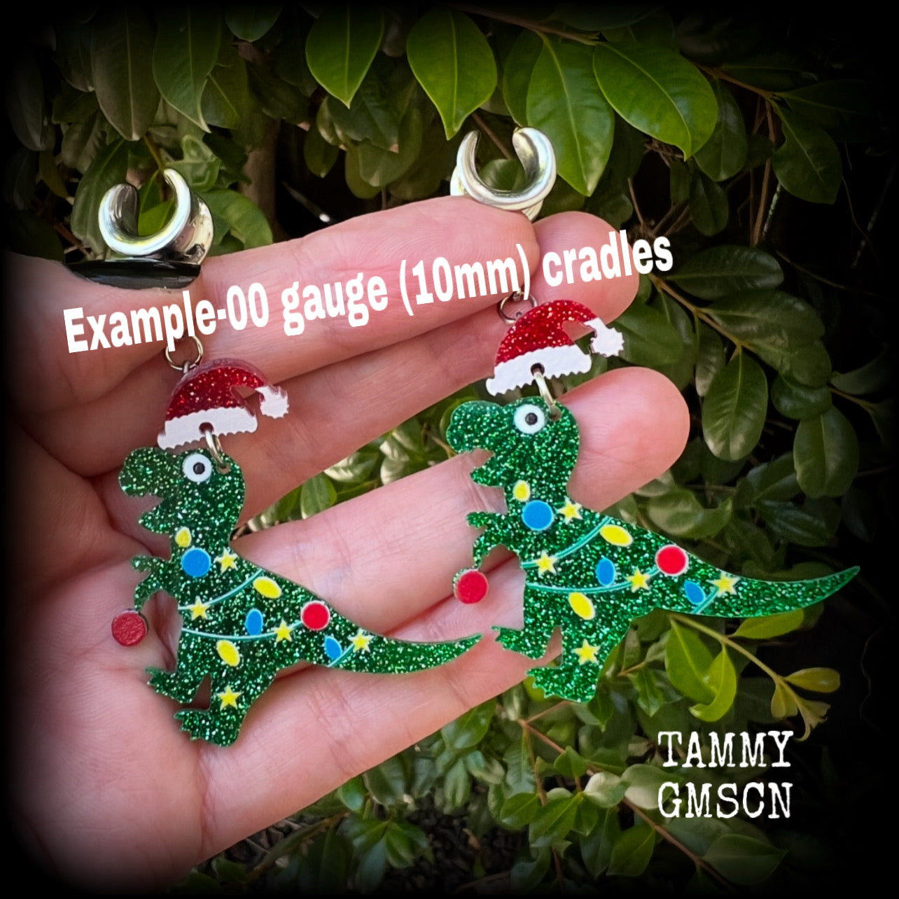 Christmas dinosaur earrings-Christmas tree gauged earrings