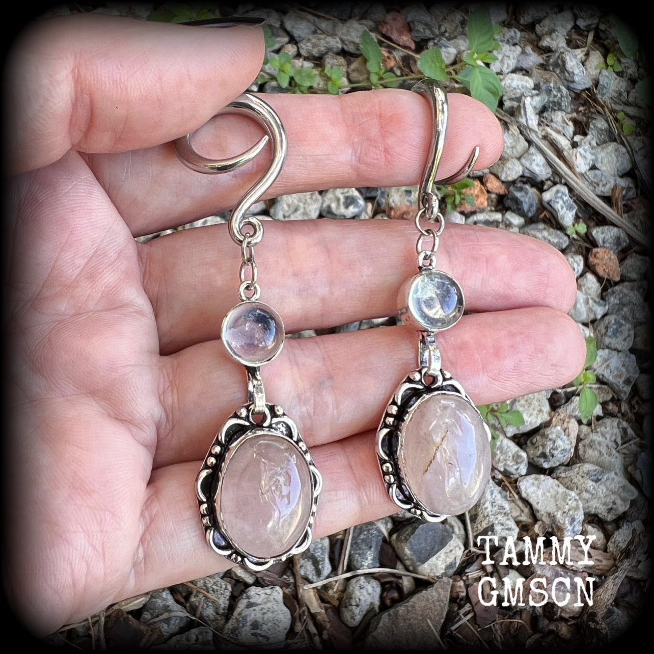 Rose quartz and moonstone gauged earrings