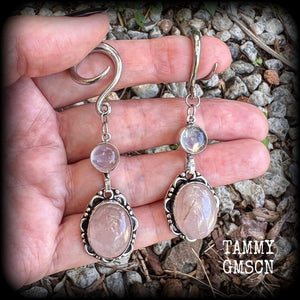 Rose quartz and moonstone gauged earrings