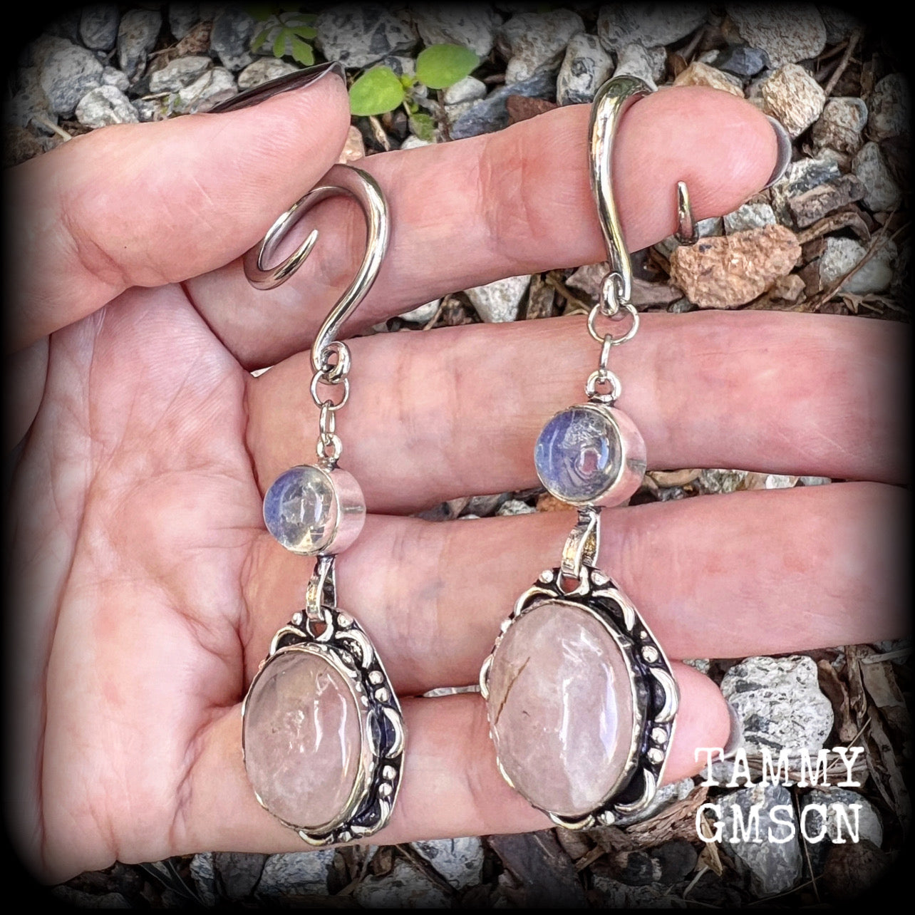 Rose quartz and moonstone gauged earrings