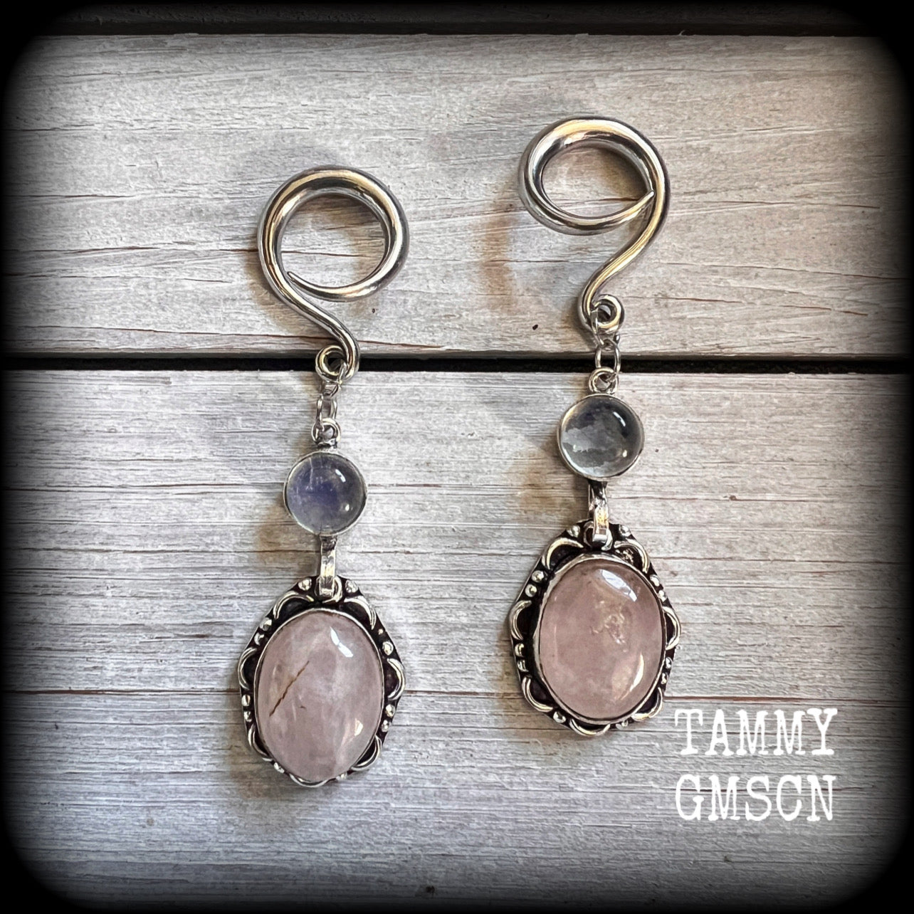 Rose quartz and moonstone gauged earrings