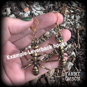 These awesome brass ant earrings weigh approx. 12 grams each and measure just on 7cms from tip to tip.
This pair have been made with antique gold leverback hooks, suitable for pierced ears.