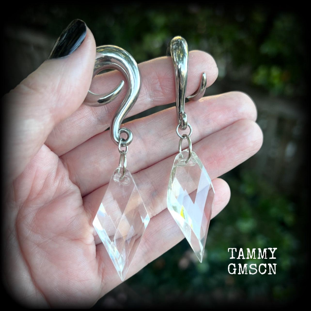 These gorgeous dangly earrings have been made with gorgeous faceted faux glass pieces, measuring just on 8 cms from tip to tip, and weighing approx 18 grams each.

These earrings have been made on 0 gauge (8mm) surgical steel full curls, to be worn in stretched lobes.