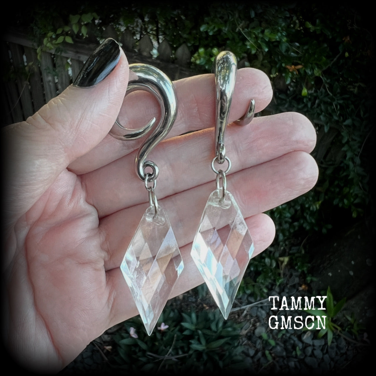 These gorgeous dangly earrings have been made with gorgeous faceted faux glass pieces, measuring just on 8 cms from tip to tip, and weighing approx 18 grams each.

These earrings have been made on 0 gauge (8mm) surgical steel full curls, to be worn in stretched lobes.