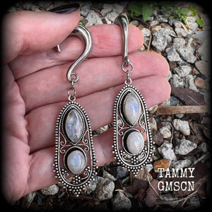 Rainbow moonstone gauged earrings-Boho ear jewelry