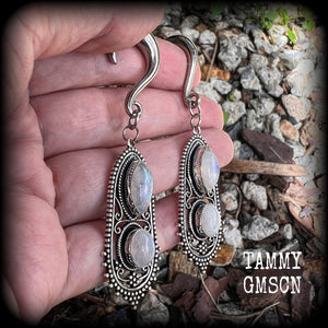 Rainbow moonstone gauged earrings-Boho ear jewelry