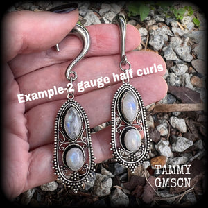 Rainbow moonstone gauged earrings-Boho ear jewelry