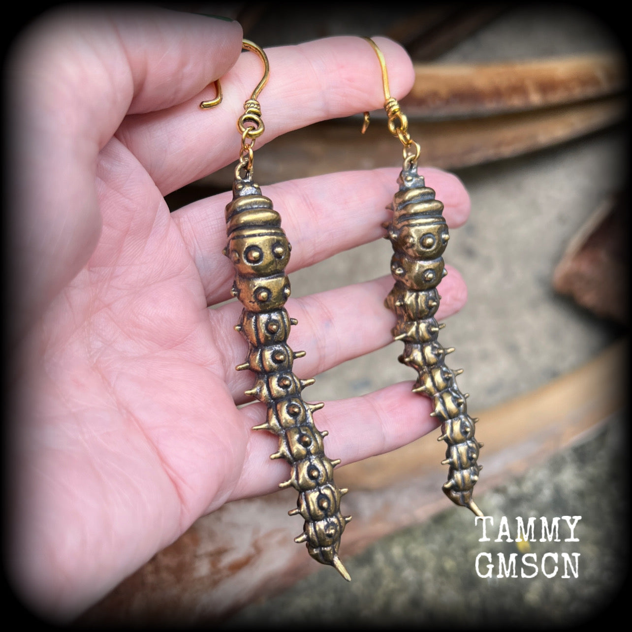 Brass caterpillar earrings-Insect earrings