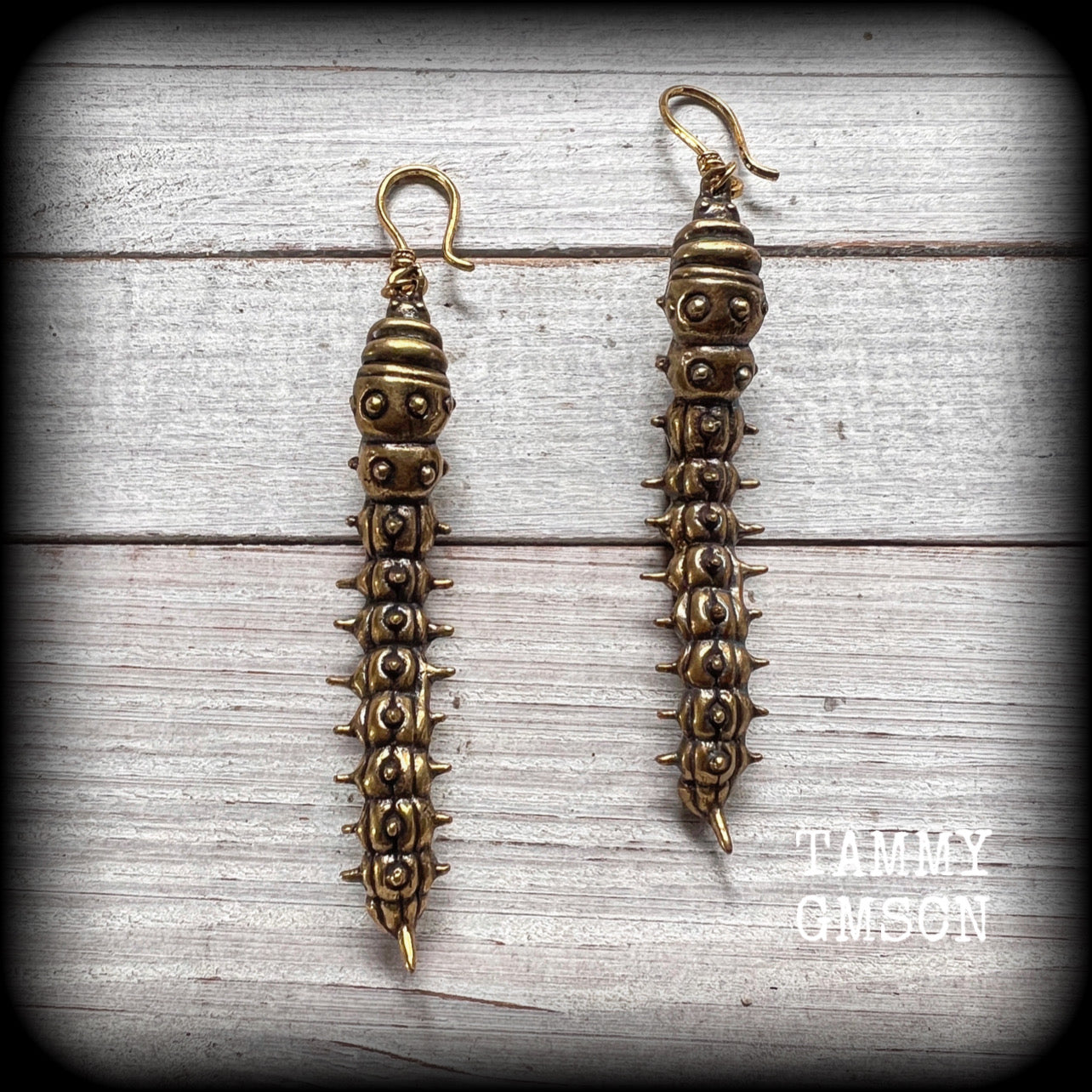 Brass caterpillar earrings-Insect earrings