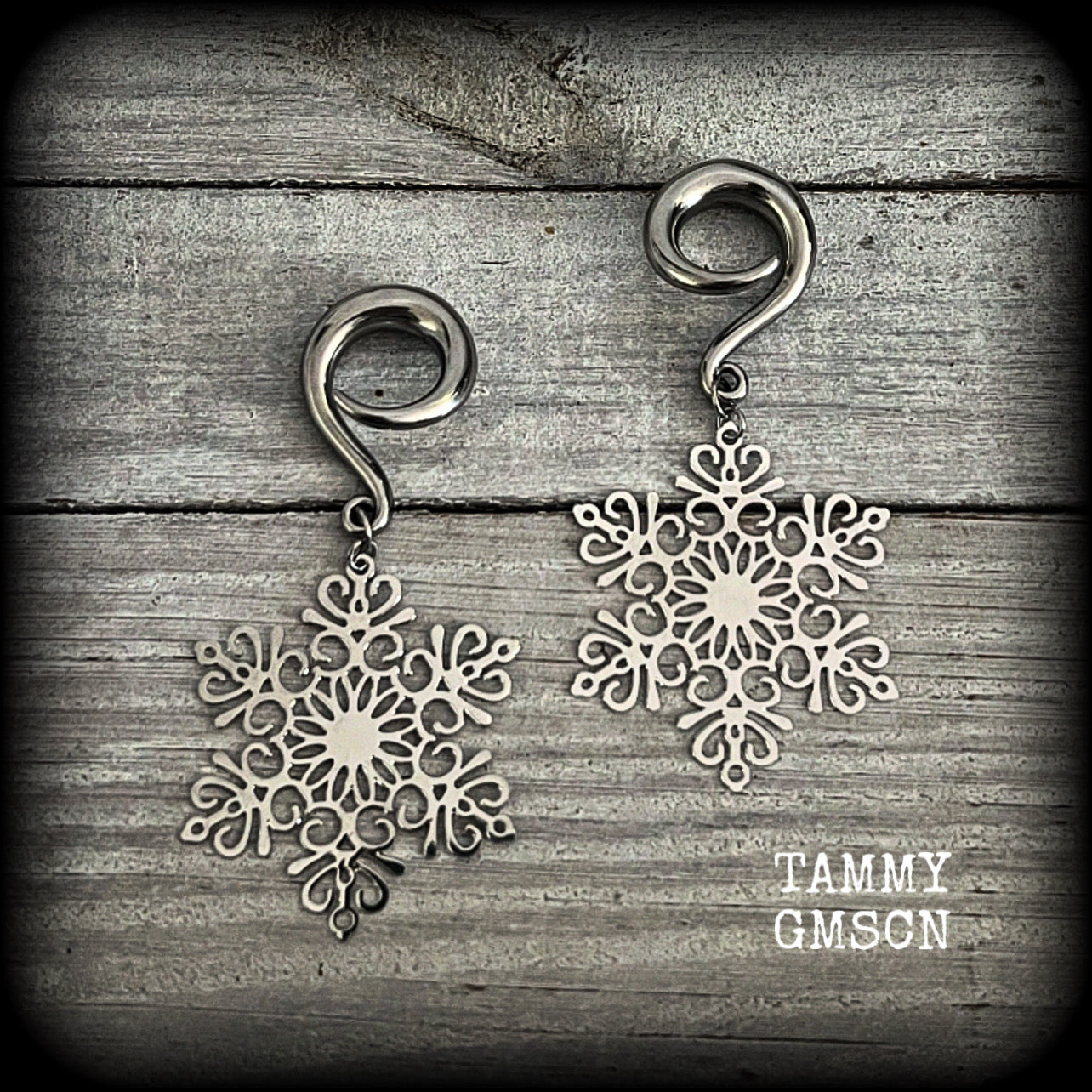 Silver snowflake gauged earrings-Christmas ear hangers