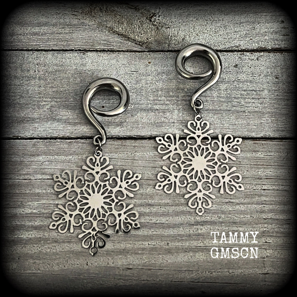 Silver snowflake gauged earrings-Christmas ear hangers