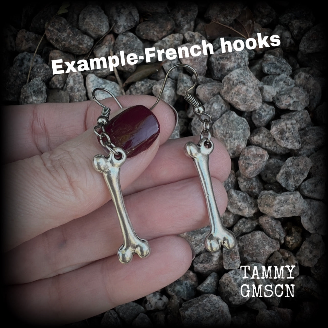 These awesome earrings feature classic antique silver bones, measuring 6cms from tip to tip, nice and dangly, and are nice and light weight at 4 grams each.

This pair has been made on stainless steel french hooks to be worn through pierced ears.