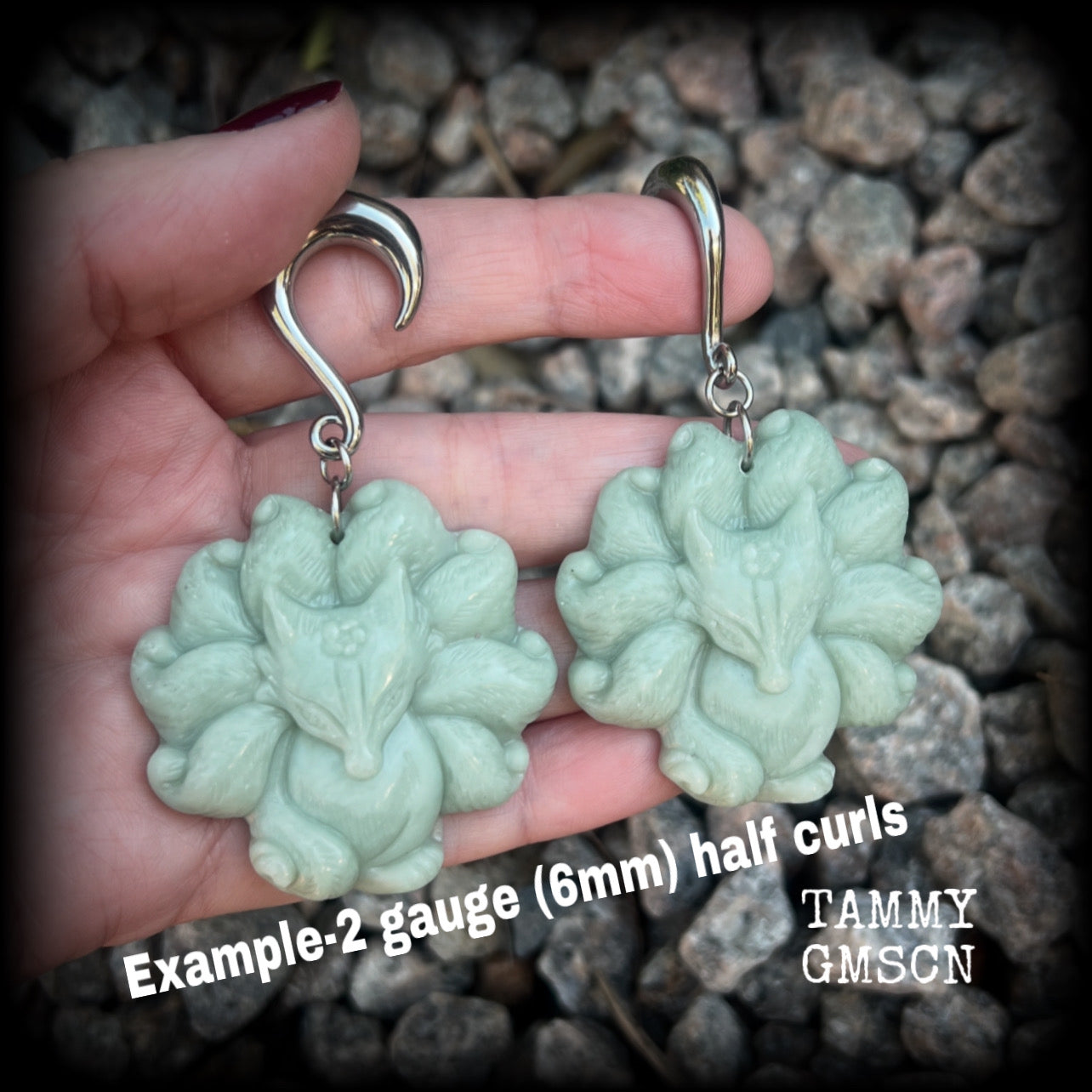 Japanese jade kitsune gauged earrings-Nine tailed fox gemstone ear hangers