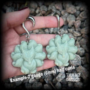 Japanese jade kitsune gauged earrings-Nine tailed fox gemstone ear hangers