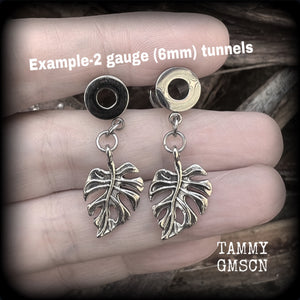 Monstera leaf tunnel earrings-Leafy tunnel dangles